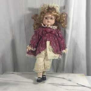Vintage 14" Porcelain Doll with Glasses Pink Floral Dress Lace Trim